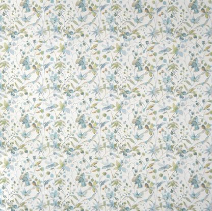 Amble Floral Jacquard Sky fabric with an intricate repeating floral design in pastel hues, ideal for interior decor and upholstery.