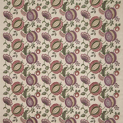 Full pattern view of Arbor Vine Thistle fabric showcasing detailed embroidered purple and green floral designs, perfect for arts and crafts or home décor projects.