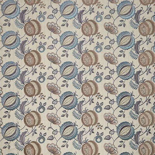 Close-up of Arbor Vine Dove fabric showcasing repeating floral and vine embroidery in beige, blue, and brown, ideal for curtains and crafts.