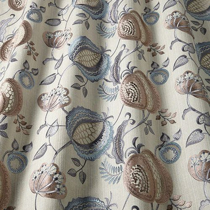 Arbor Vine Dove fabric with intricate arts and crafts embroidery featuring floral and vine patterns in soft beige, blue, and brown tones.