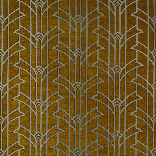 Rhythm Artie Art Deco fabric in luxury chenille with a bold geometric pattern in gold and silver tones, perfect for crafting and upholstery.