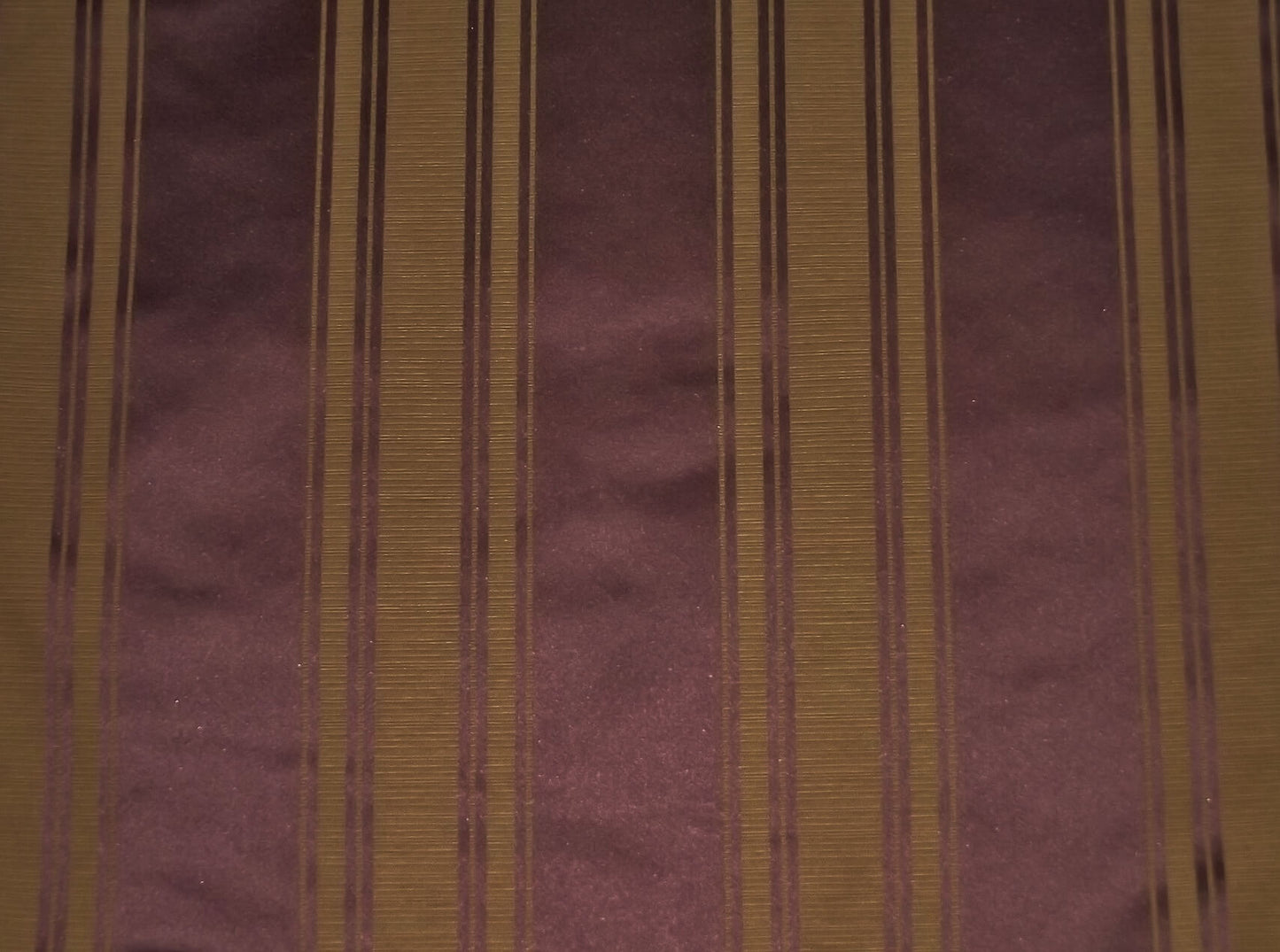 Blenheim Stripe Fabric Damson with gold and purple damask stripe design, ideal for flame-retardant curtains and upholstery.