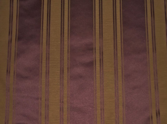 Blenheim Stripe Fabric Damson with gold and purple damask stripe design, ideal for flame-retardant curtains and upholstery.