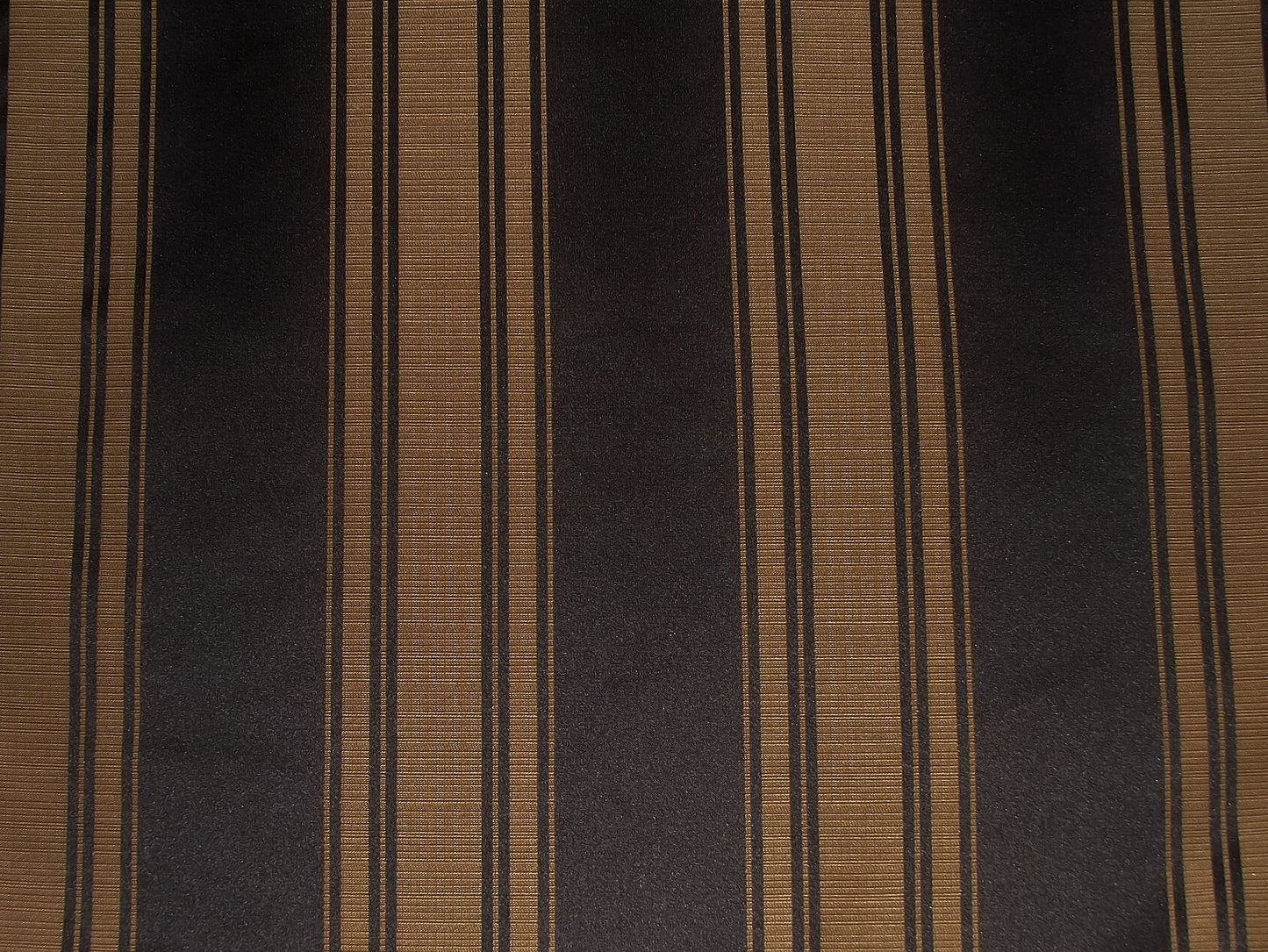 Blenheim Stripe Fabric Noir with gold damask stripe design, ideal for flame-retardant upholstery and curtain crafting.