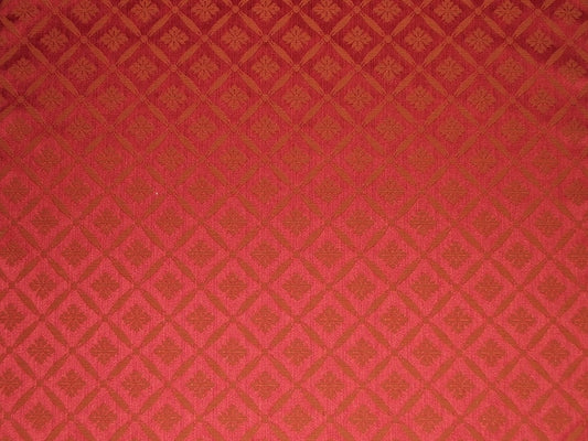 Blenheim Lattice Fabric Claret with intricate damask trellis pattern in rich red tones, ideal for upholstery and curtains. Flame retardant textile.