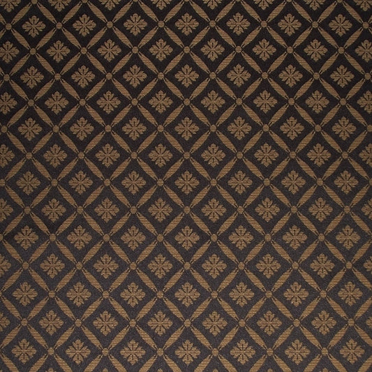 Blenheim Lattice Fabric Noir with gold damask trellis pattern, ideal for flame-retardant upholstery and curtain applications.