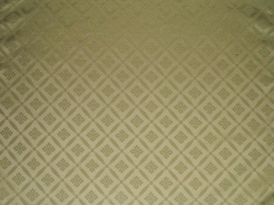 Blenheim Lattice Fabric Sage with a classic damask trellis pattern in gold tones, ideal for flame-retardant upholstery and curtains.