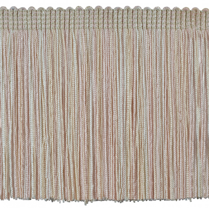 Close-up of a 10cm fringe trim with a neutral colour palette on a white background