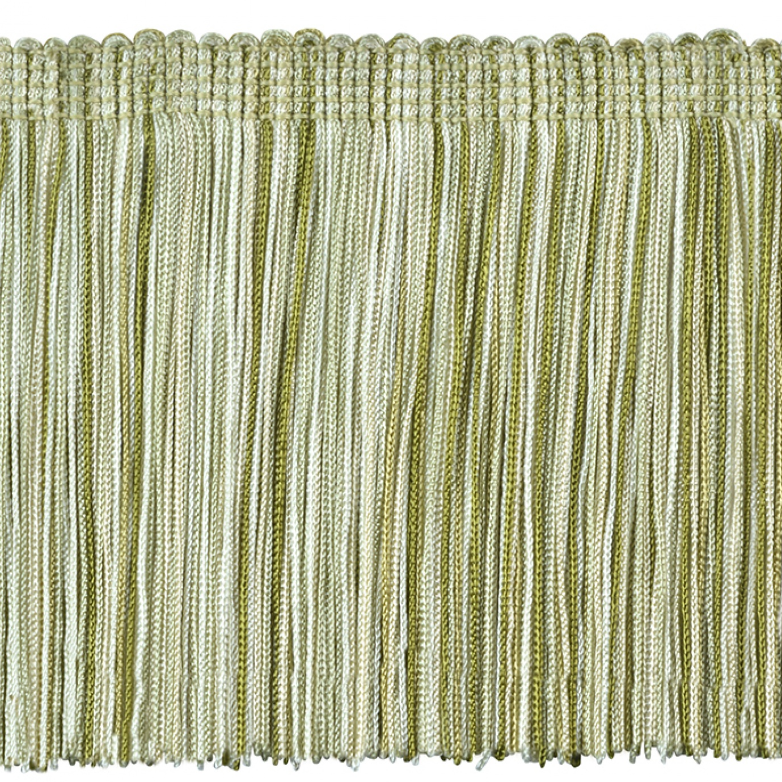 Close-up of green fringe fabric border on a white background