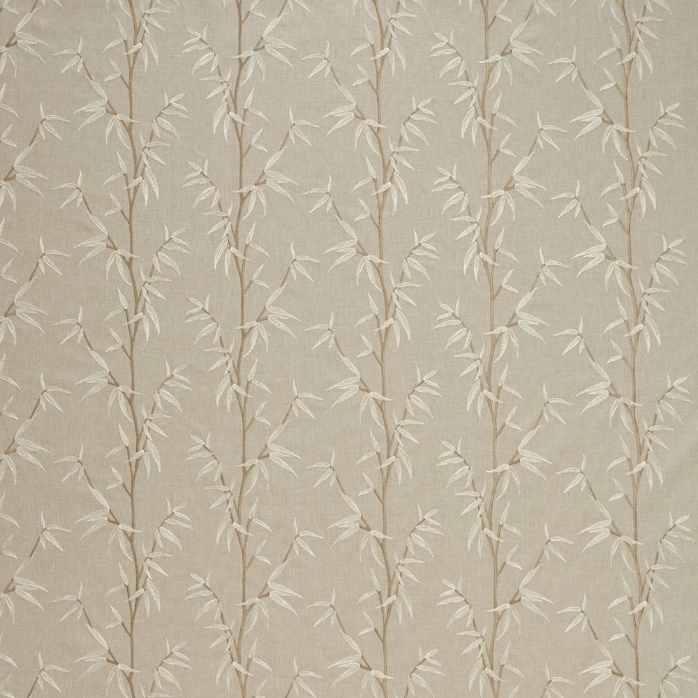 Sakura Bamboo Cornsilk fabric featuring an embroidered bamboo leaf garland pattern on a cream polyester-cotton blend, ideal for oriental-inspired home décor.