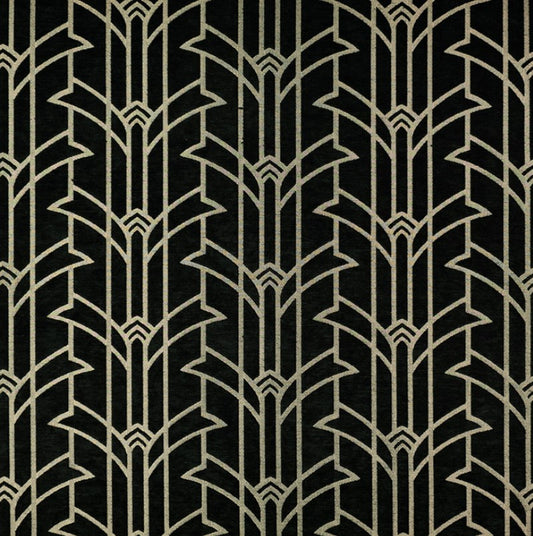 Rhythm Basie Art Deco fabric in black and silver chenille with a luxury geometric pattern. Perfect for crafting and interior design projects.