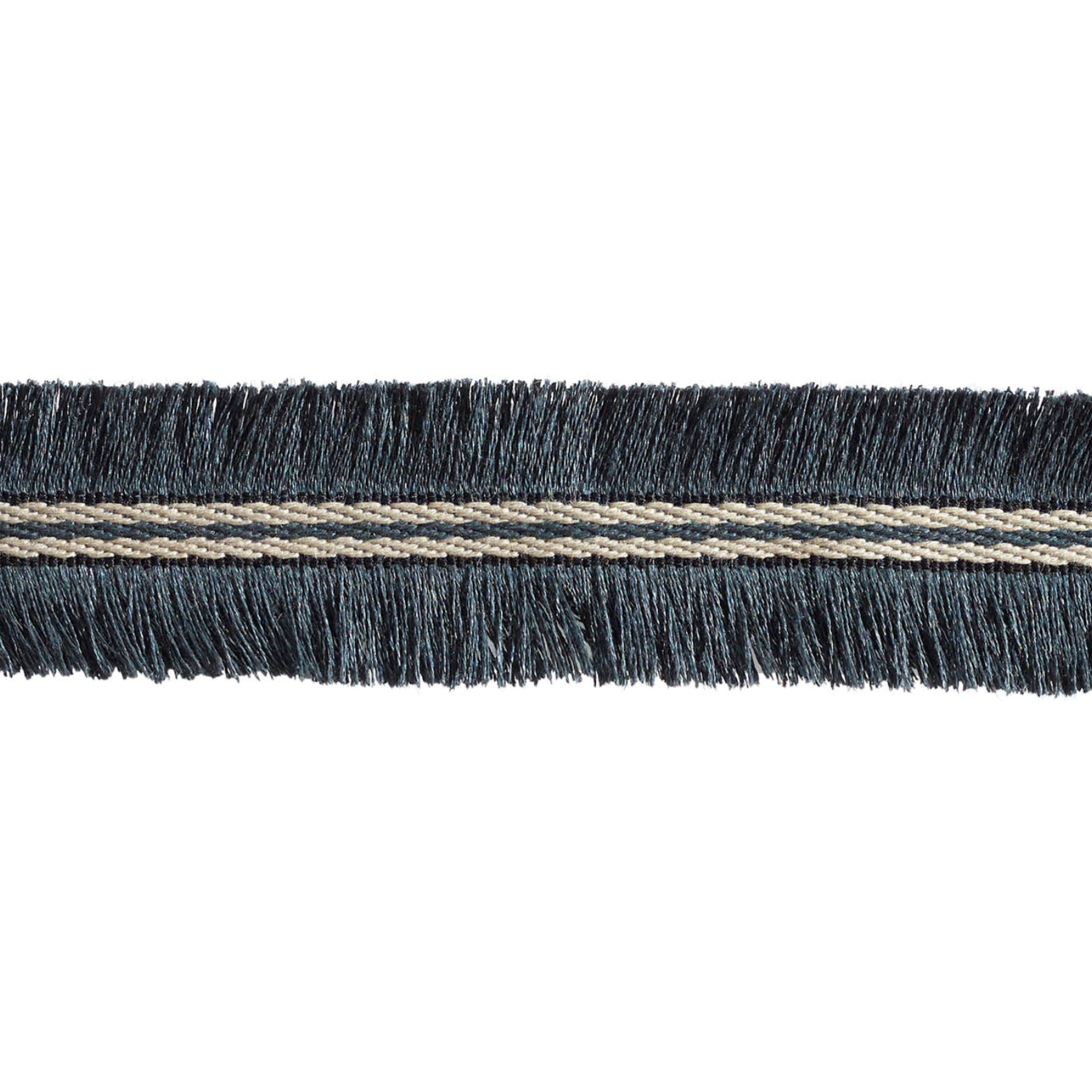 Black fringe trim with a gold stripe on a white background