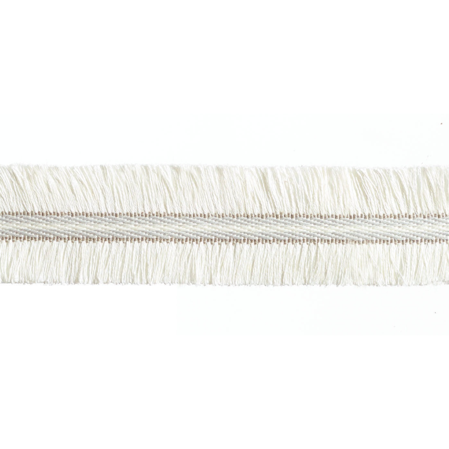 Close-up of a white fringe trim on a white background