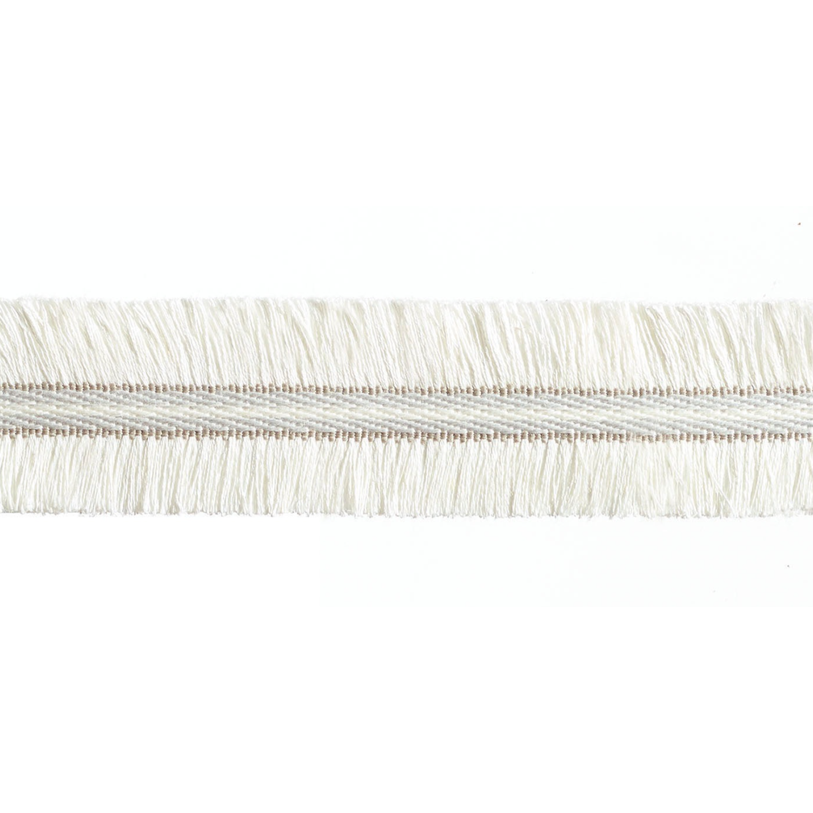 Close-up of a white fringe trim on a white background