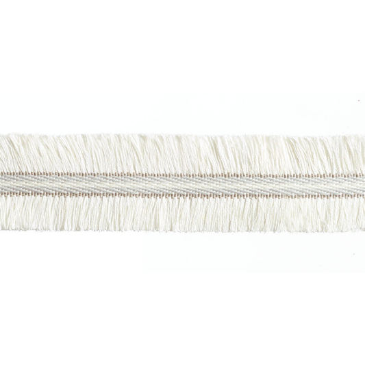 Close-up of a white fringe trim on a white background