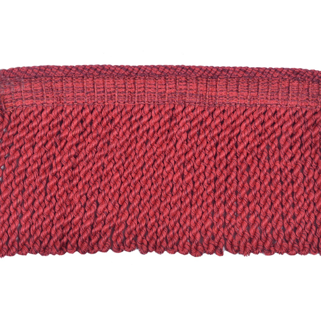 Close-up of Pomegranate red textured Baya bullion fringe on a white background