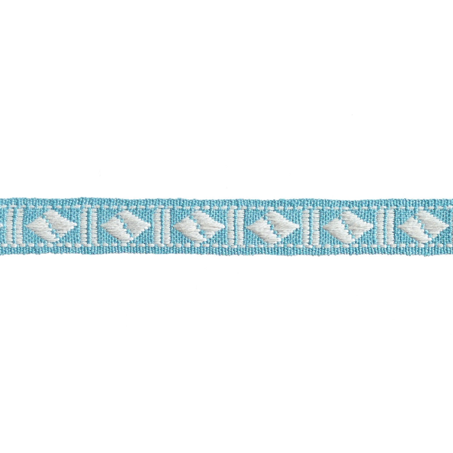 Blue and white woven braid trim on a white background