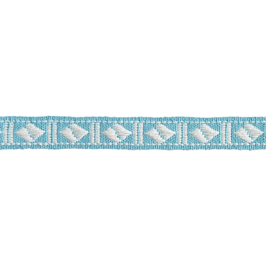 Blue and white woven braid trim on a white background