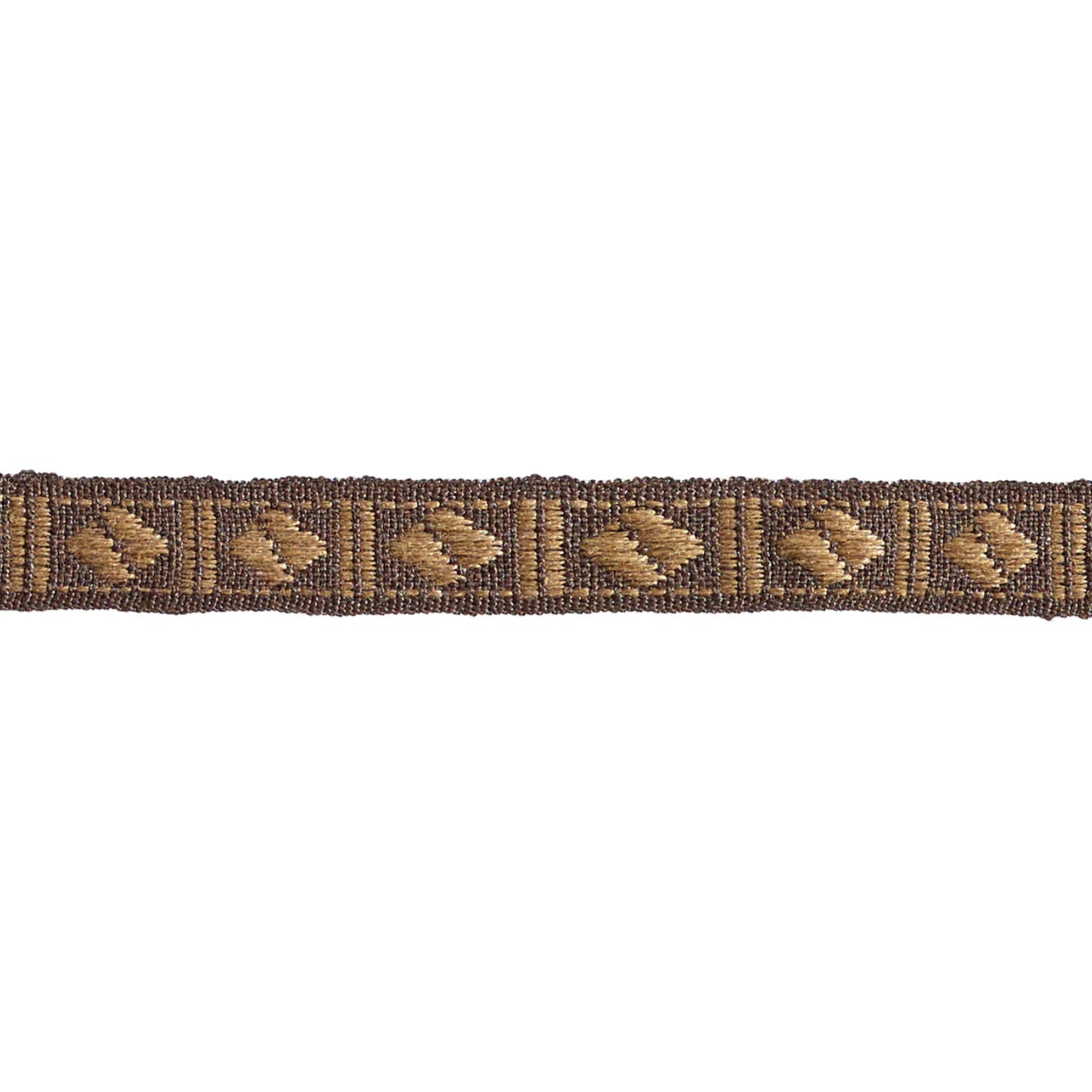 Decorative brown braid trim with geometric pattern on a white background