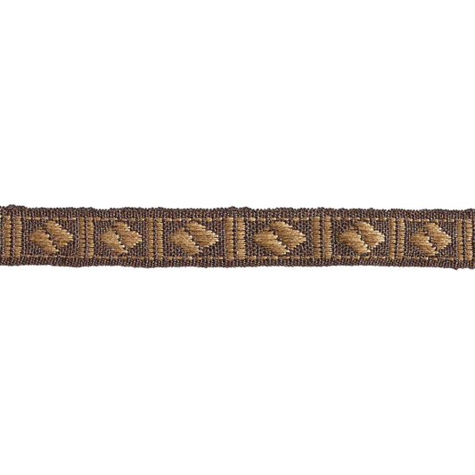 Decorative brown braid trim with geometric pattern on a white background
