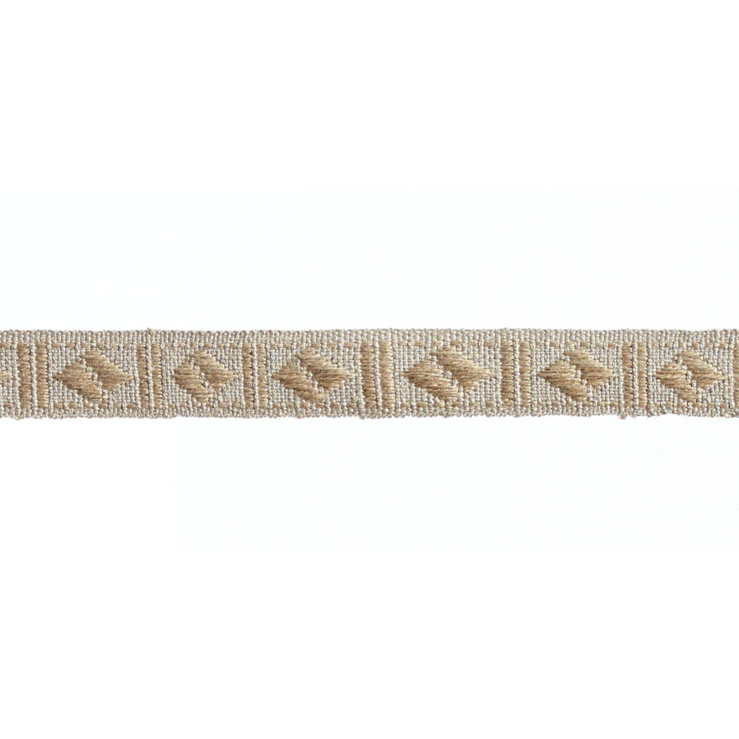 Beige decorative braid trim with intricate patterns on a white background