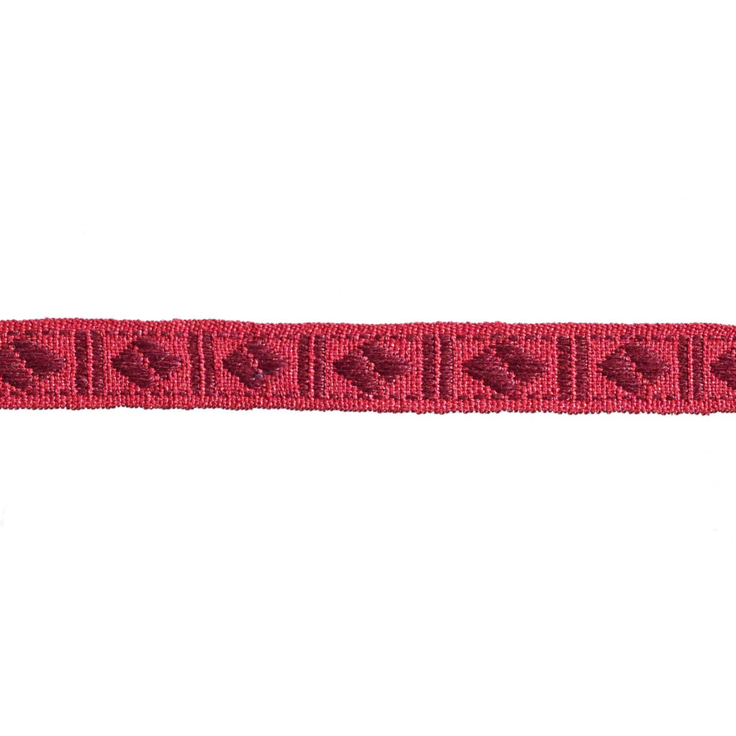 Red woven braid trim with a pattern on a white background