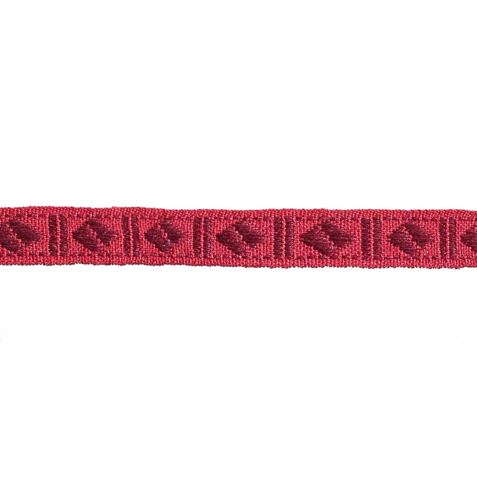 Red woven braid trim with a pattern on a white background