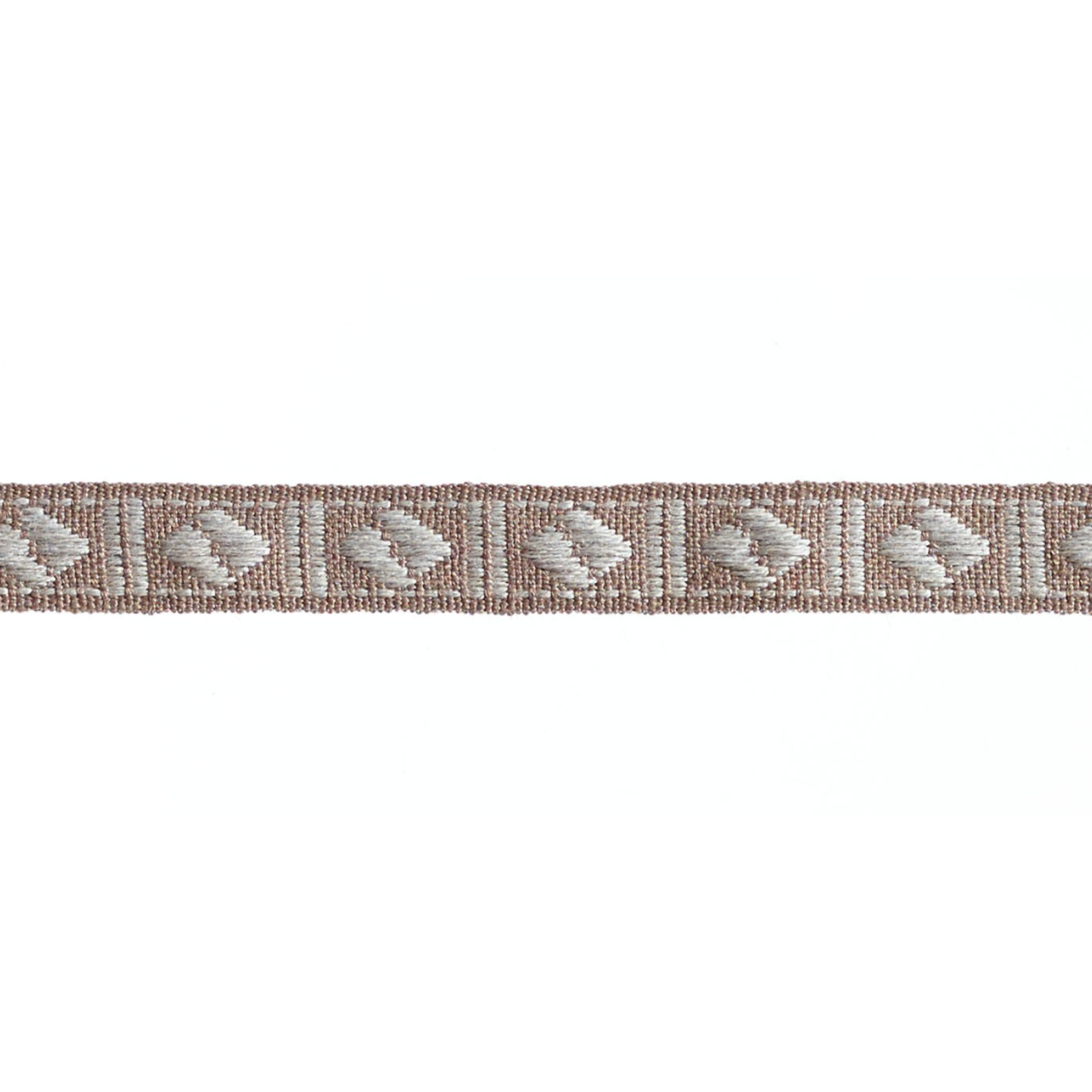 Decorative braid trim with a geometric pattern on a white background