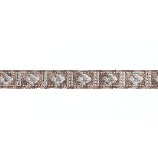 Decorative braid trim with a geometric pattern on a white background