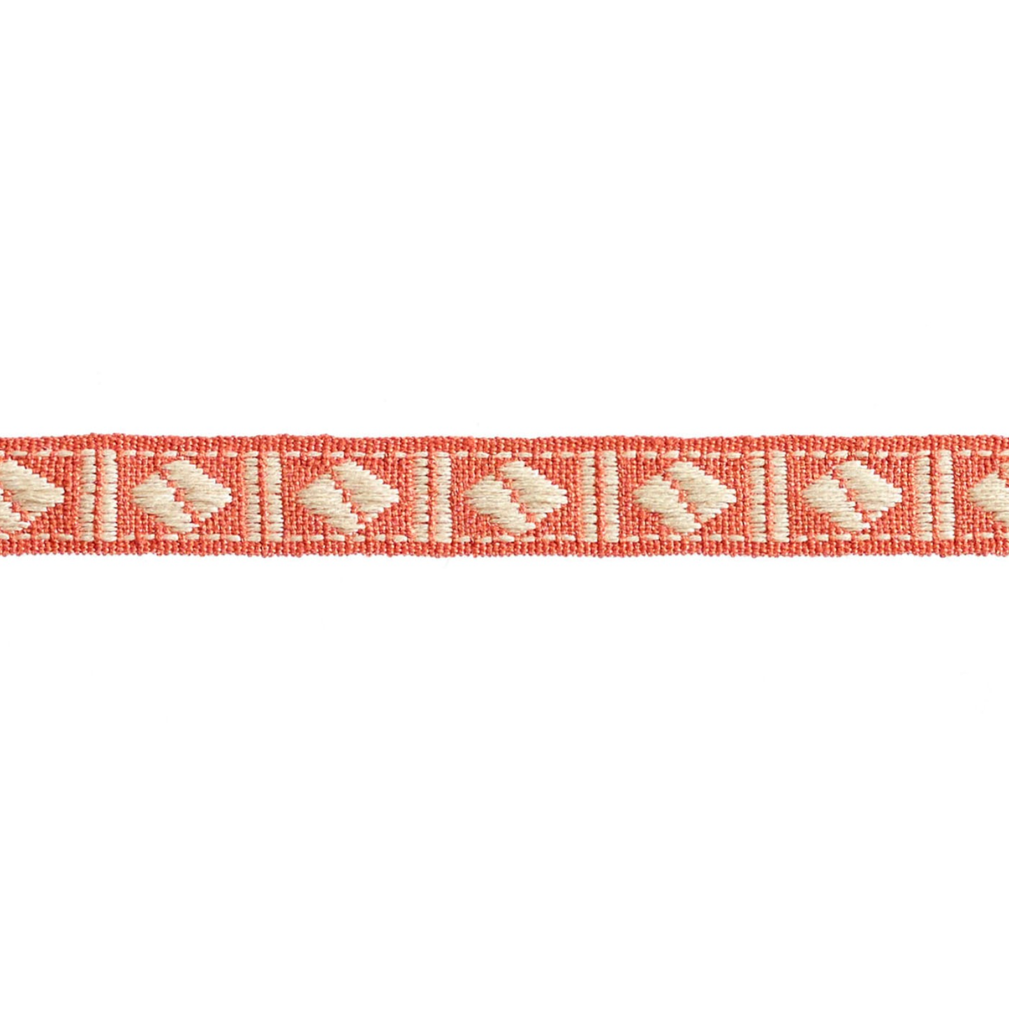 Red and white patterned braid trim on a white background