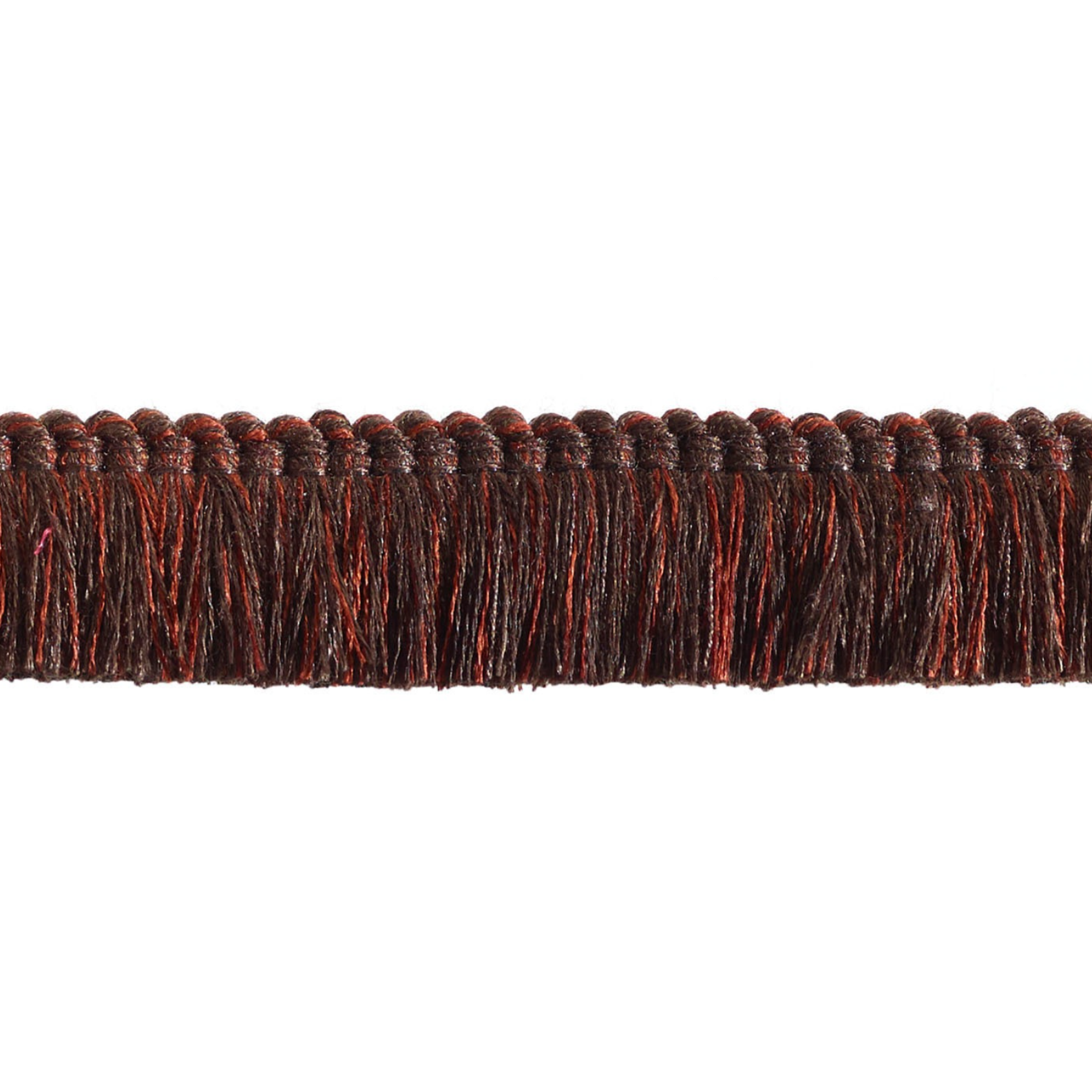 Close-up of dark brown fringed trim on a white background