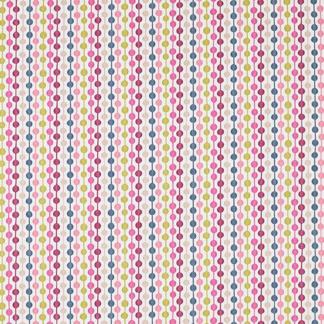 Bayford Bilberry fabric featuring playful embroidered circles in pink, blue, and yellow, perfect for curtains and blinds in vibrant interiors.