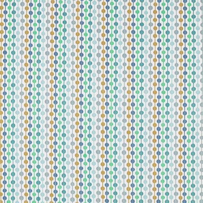 Bayford Jade embroidered fabric with playful vertical stripes and colorful circles in teal, yellow, and grey. Ideal for curtains and blinds décor.