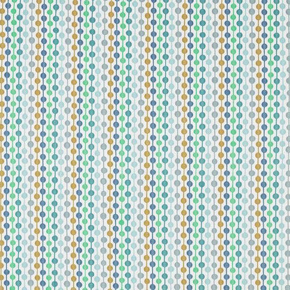 Bayford Jade embroidered fabric with playful vertical stripes and colorful circles in teal, yellow, and grey. Ideal for curtains and blinds décor.