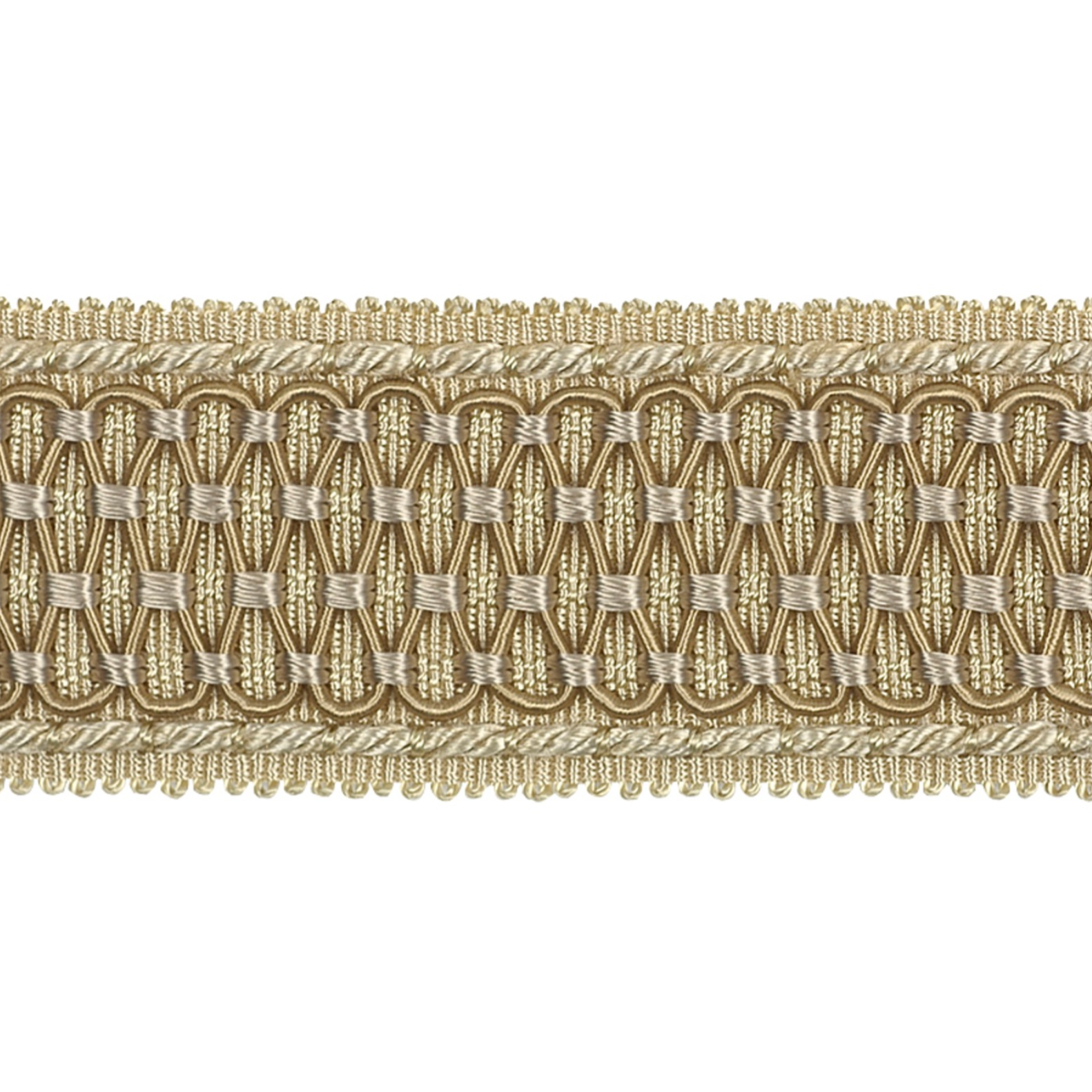 Decorative fabric trim with gold and silver pattern on a white background