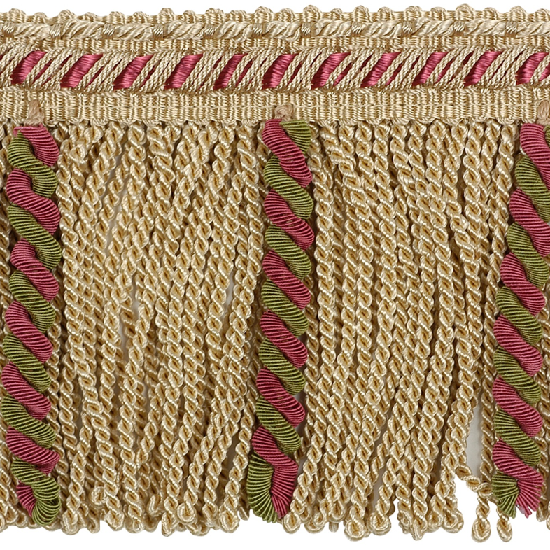 Decorative fabric trim with braided patterns in gold, pink, and green on a beige background.