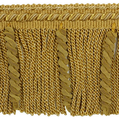 Gold fringe fabric trim on a white background