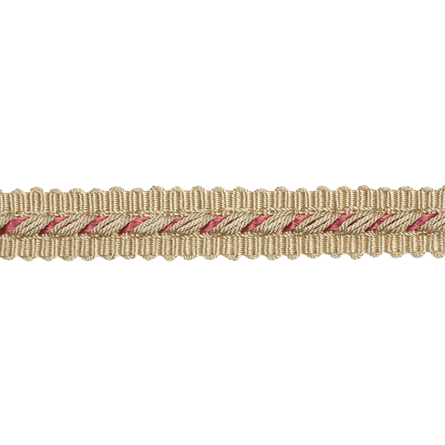 Narrow ribbon gimp with gold and pink pattern for upholstery on a white background