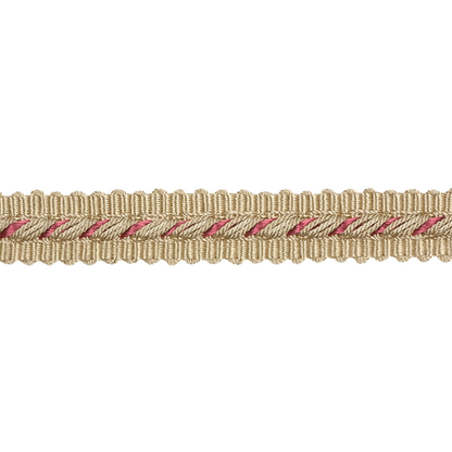 Narrow ribbon gimp with gold and pink pattern for upholstery on a white background