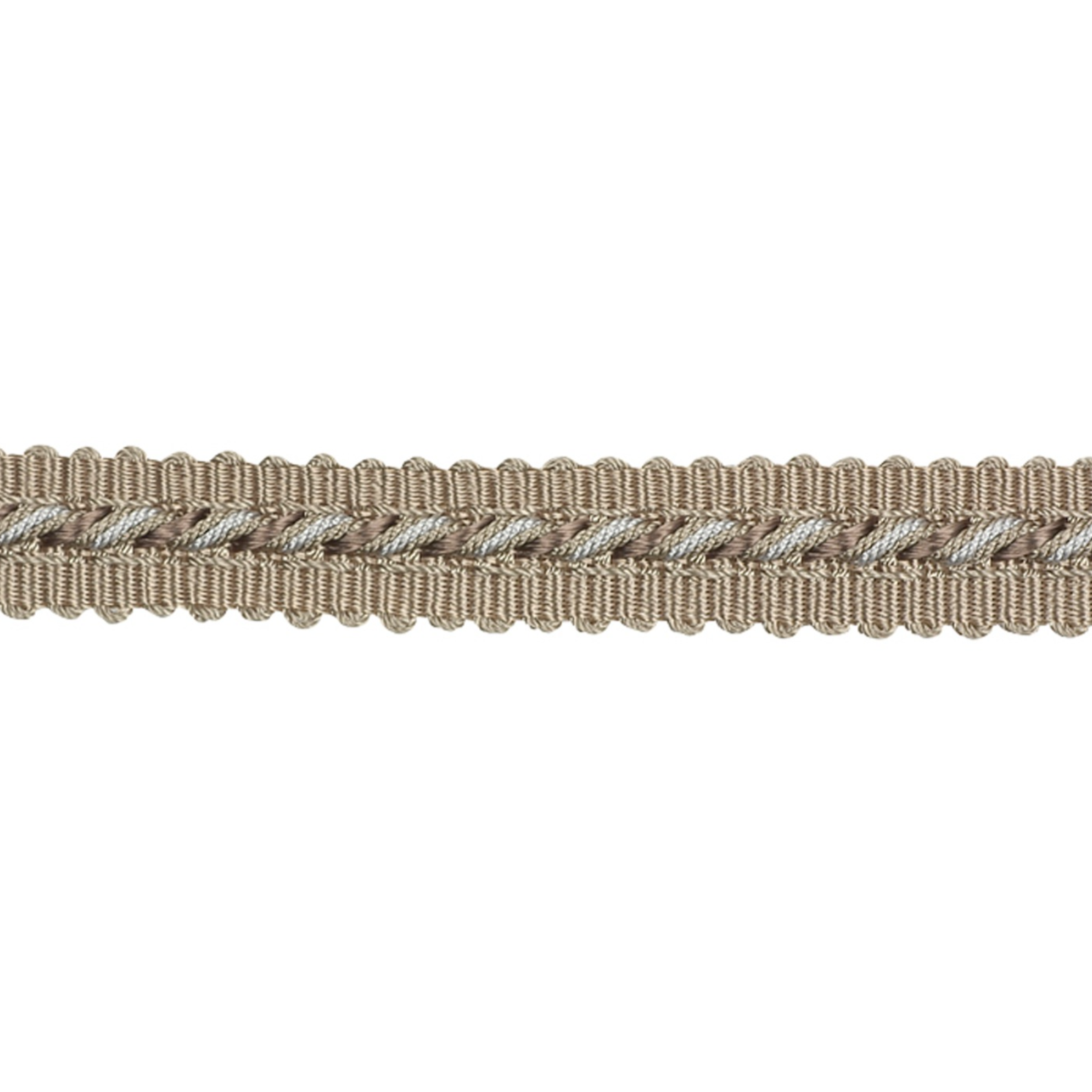 Narrow braided ribbon in beige color on a white background