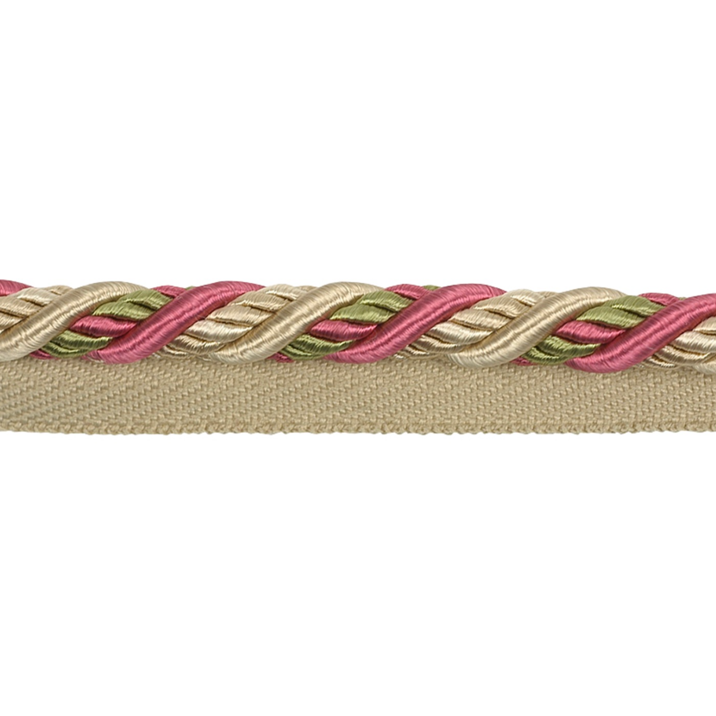 Close-up of braided ribbon with pink, gold, and green colors on a white background