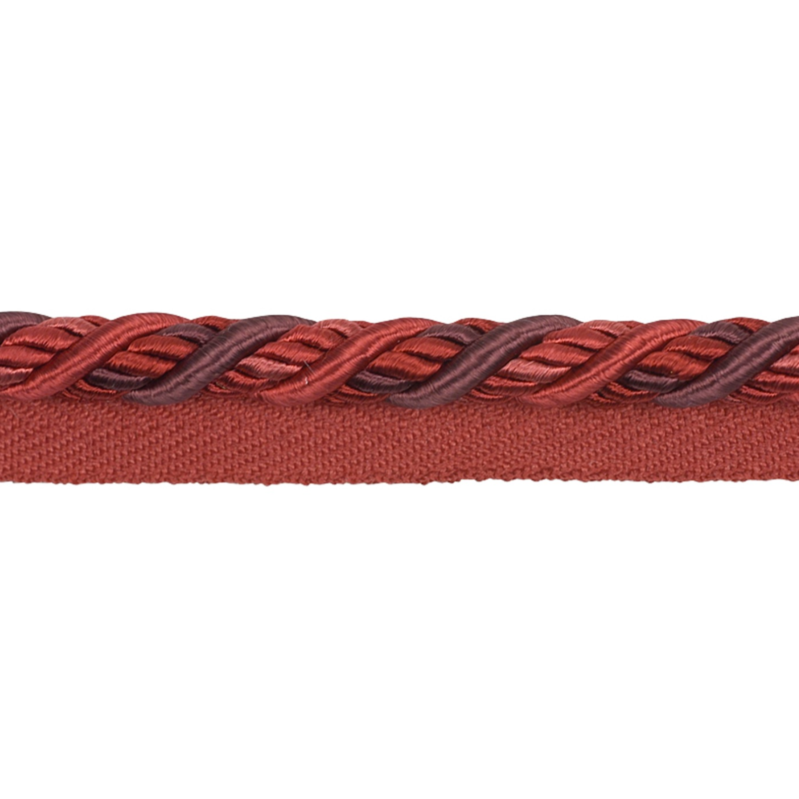 Close-up of a braided red and brown ribbon on a white background