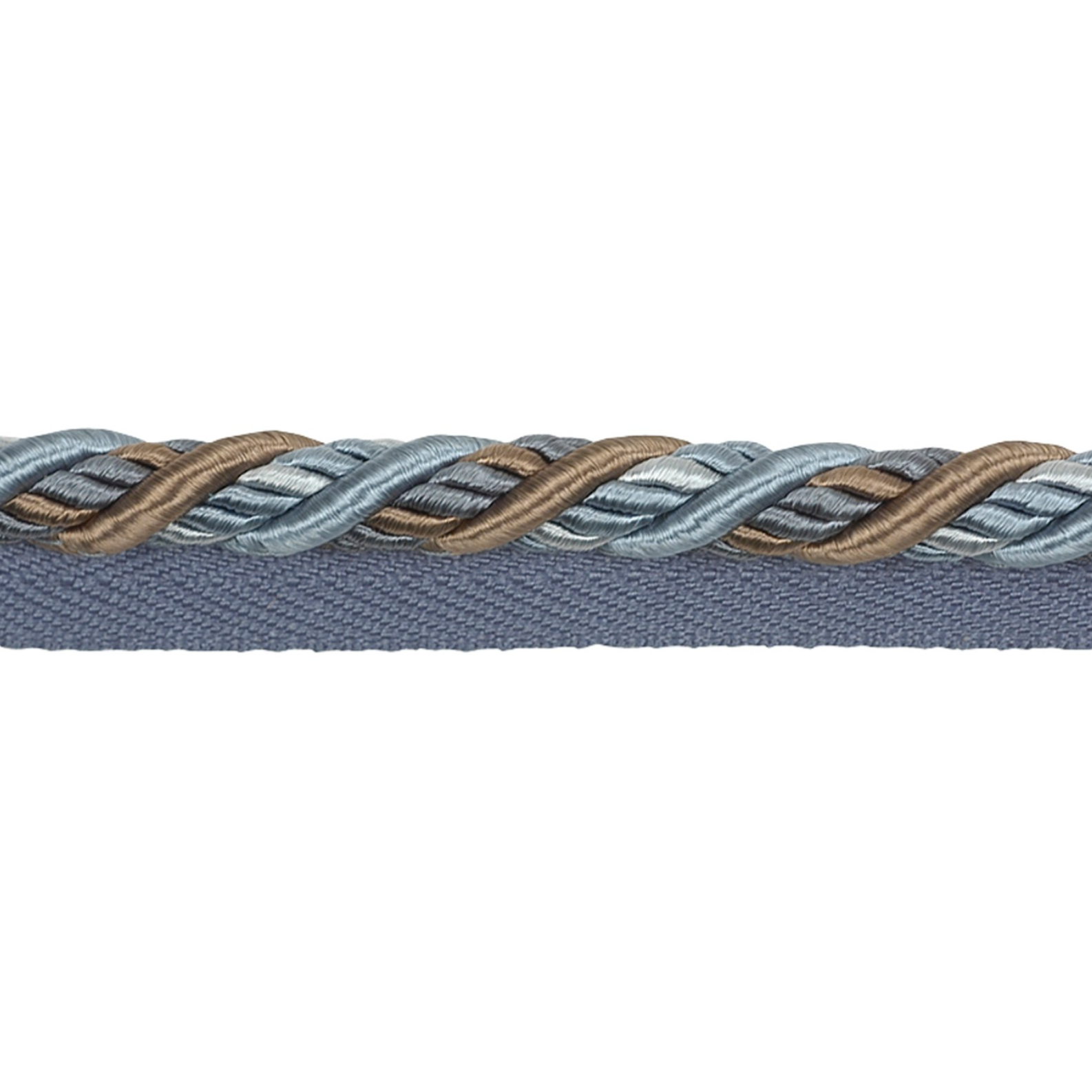 Close-up of braided ribbon with blue and brown colors on a white background