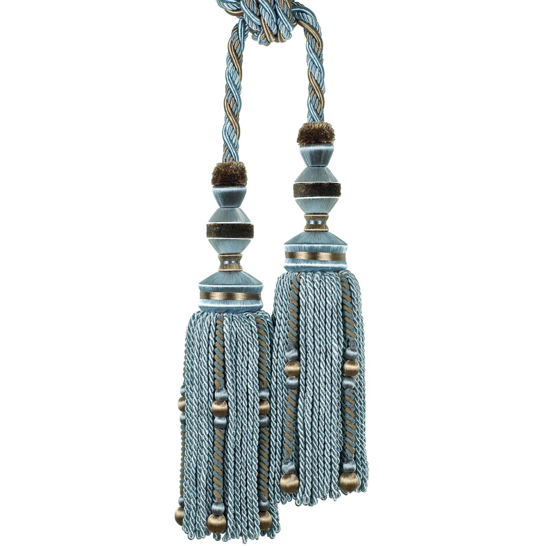 Decorative tassel tieback with blue and gold elements on a white background