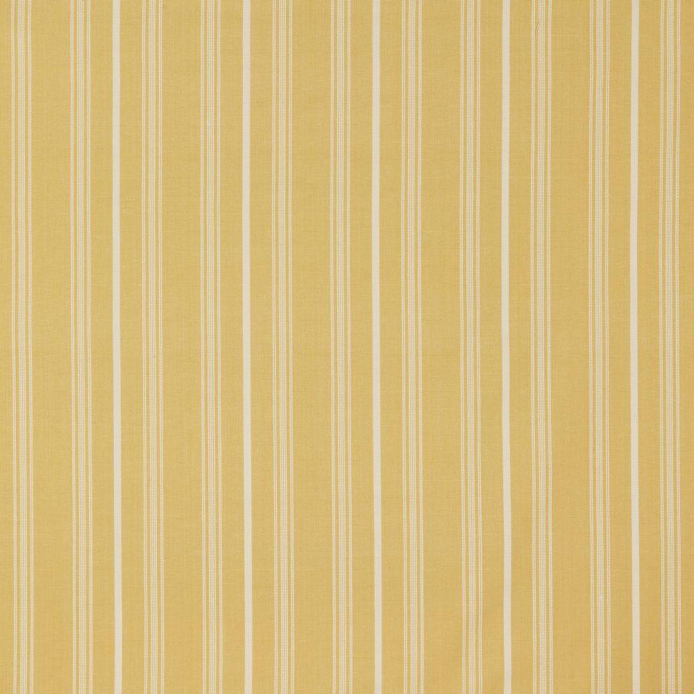 Benedict Woven Stripe Barley cotton fabric with vertical yellow and cream stripes, ideal for curtains and upholstery projects.