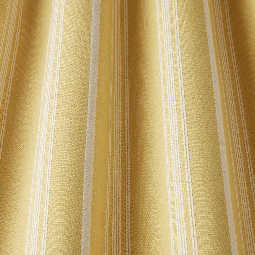Close-up of Benedict Woven Stripe Barley fabric showing soft drape and textured yellow stripe pattern, perfect for classic curtain designs.