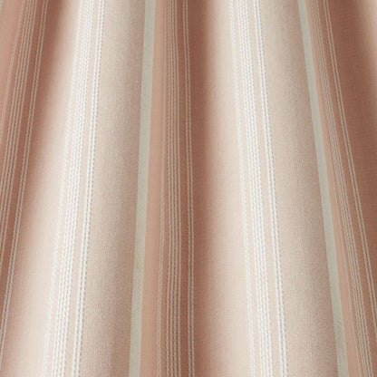 Close-up of Benedict Woven Stripe Blush fabric showing soft blush tones and textured stripe pattern, perfect for classic curtain designs.