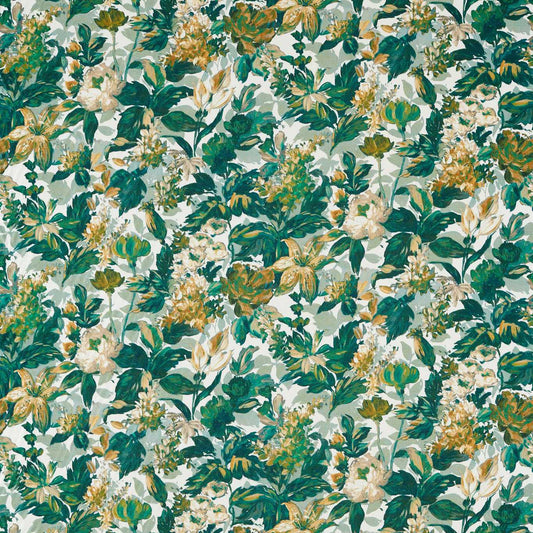 Botanical Blooms Linen Glade fabric featuring an intricate floral design with green and yellow tones, ideal for curtains and upholstery.