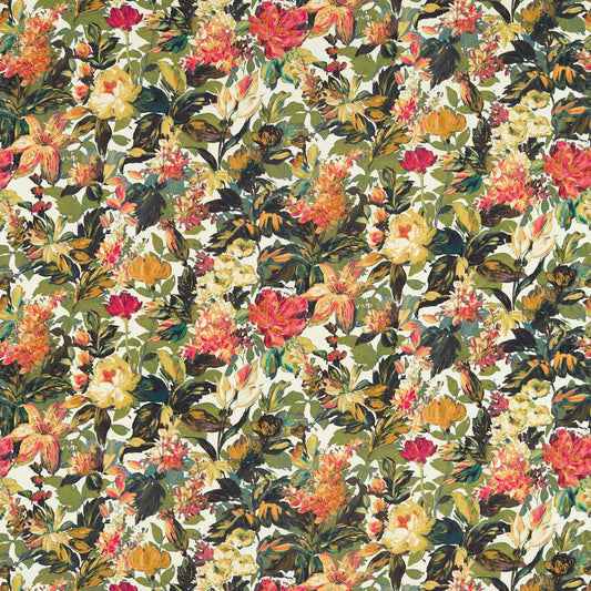 Botanical Blooms Olive/Raspberry fabric featuring a vibrant floral pattern with olive and raspberry tones, ideal for curtains and upholstery.