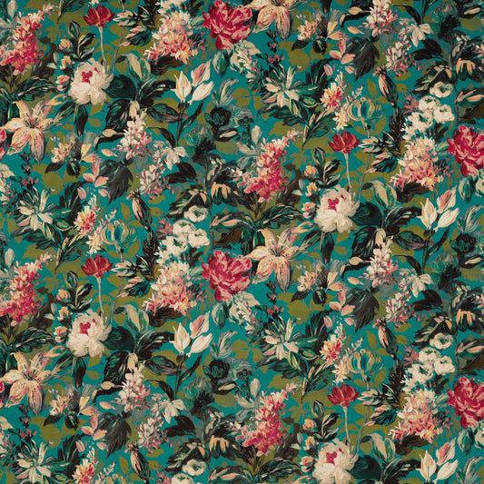 Botanical Blooms Velvet Peacock fabric featuring vibrant floral patterns with expressive hand-painted strokes on a teal background.